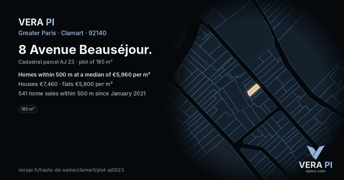 8 Avenue Beauséjour, Clamart at night – the plot lit, the parcels around coloured by the prices near them