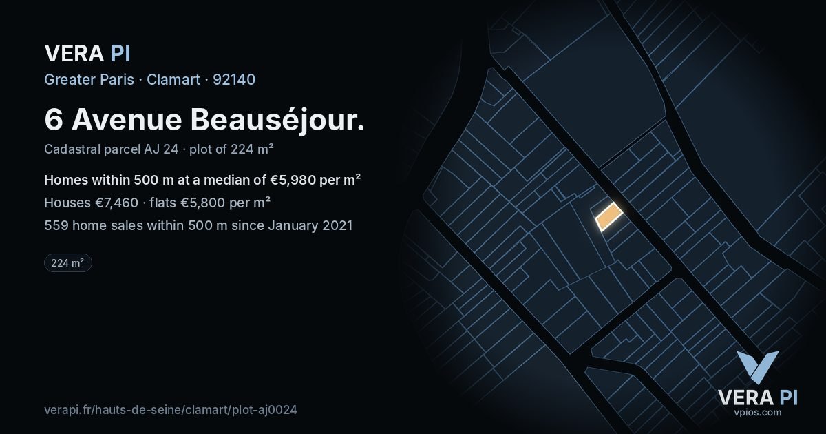 6 Avenue Beauséjour, Clamart at night – the plot lit, the parcels around coloured by the prices near them
