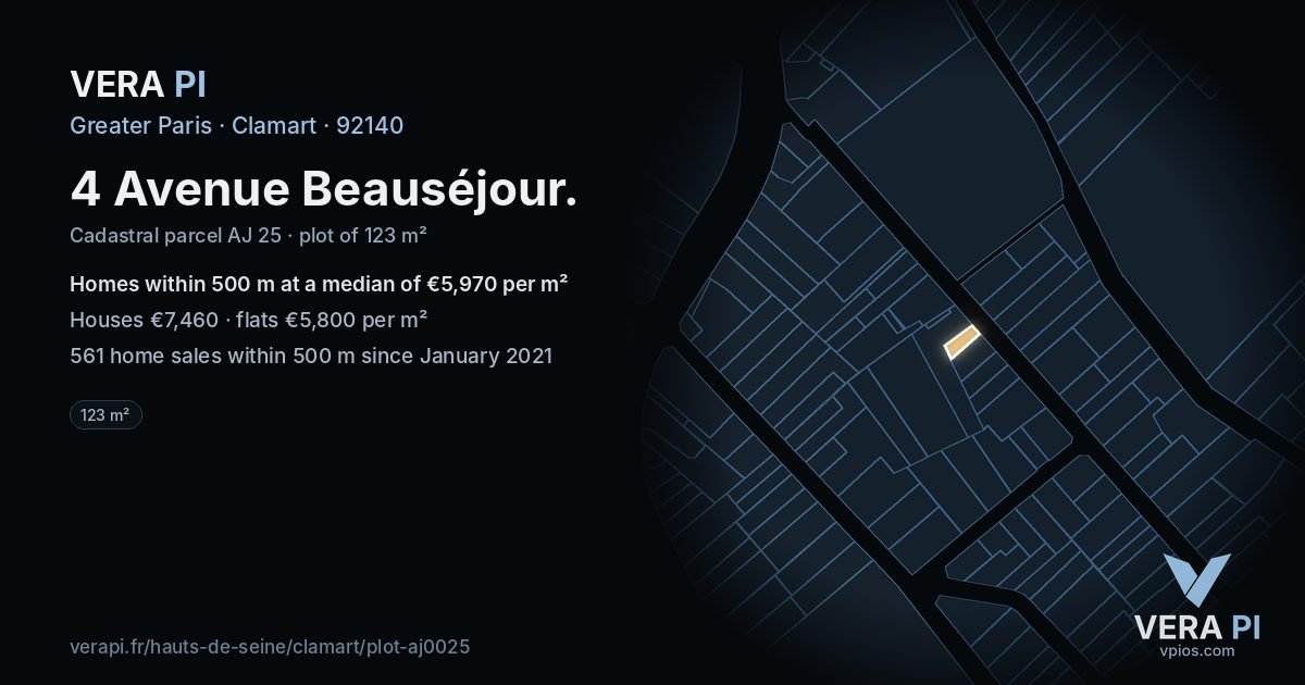 4 Avenue Beauséjour, Clamart at night – the plot lit, the parcels around coloured by the prices near them