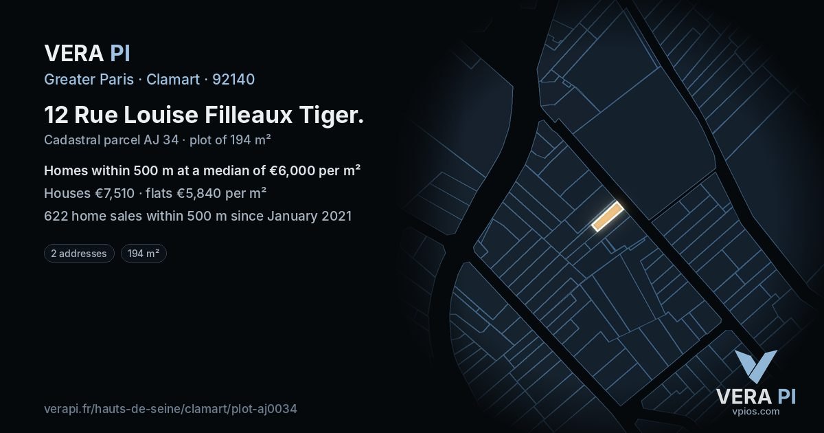12 Rue Louise Filleaux Tiger, Clamart at night – the plot lit, the parcels around coloured by the prices near them