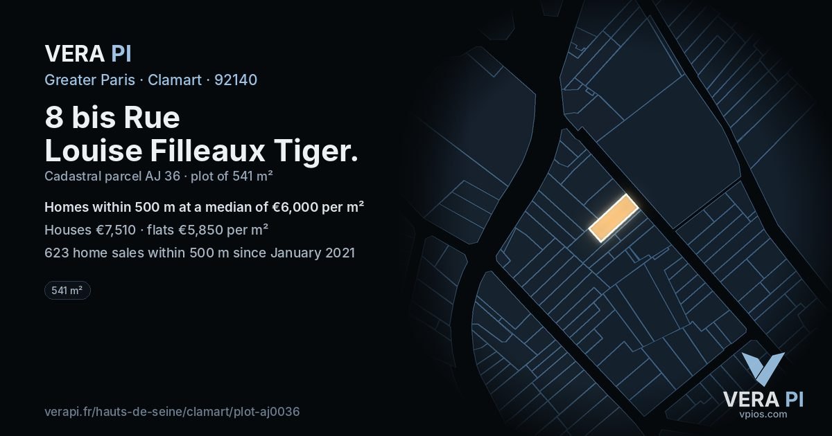 8 bis Rue Louise Filleaux Tiger, Clamart at night – the plot lit, the parcels around coloured by the prices near them