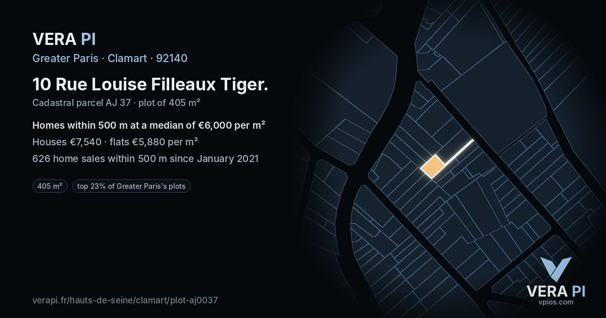 10 Rue Louise Filleaux Tiger, Clamart at night – the plot lit, the parcels around coloured by the prices near them