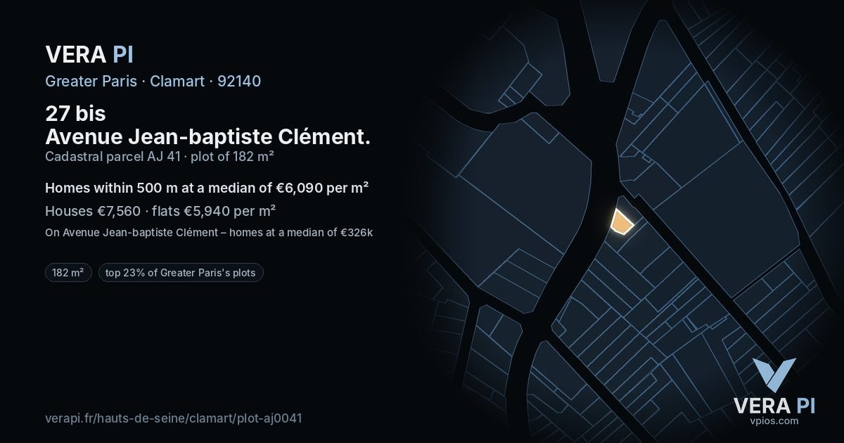 27 bis Avenue Jean-baptiste Clément, Clamart at night – the plot lit, the parcels around coloured by the prices near them