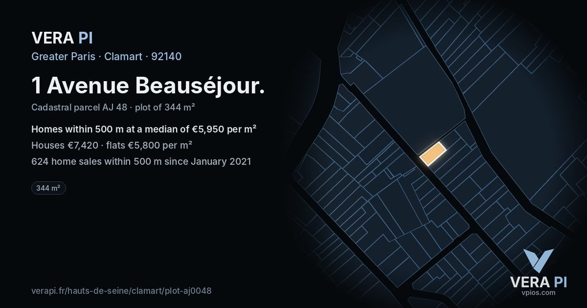 1 Avenue Beauséjour, Clamart at night – the plot lit, the parcels around coloured by the prices near them