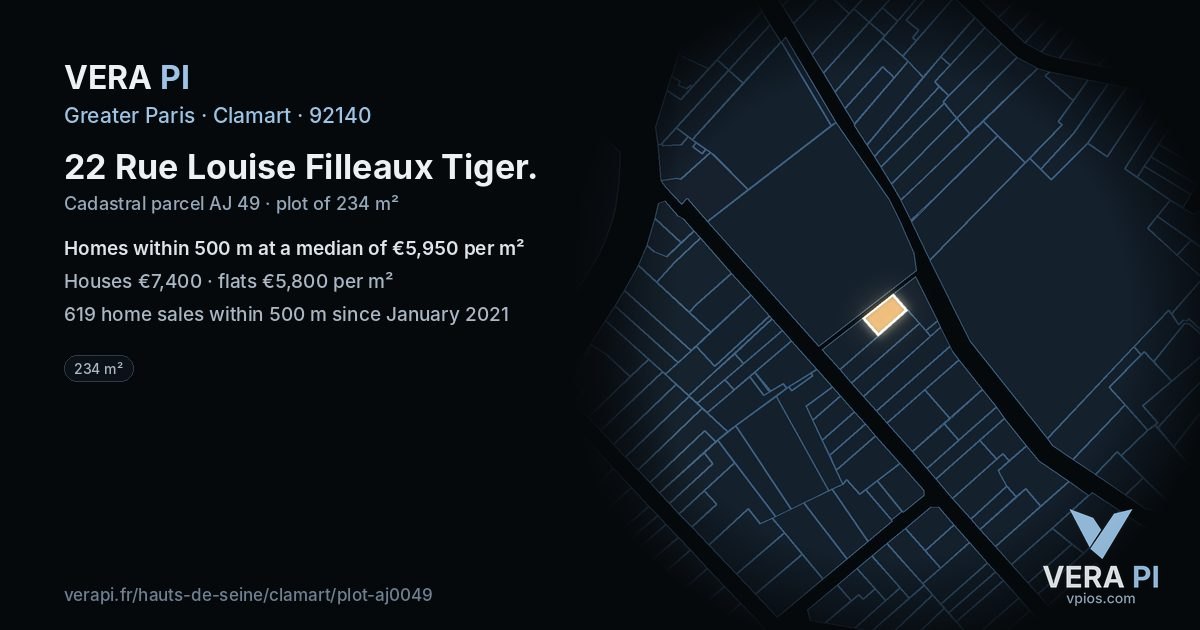 22 Rue Louise Filleaux Tiger, Clamart at night – the plot lit, the parcels around coloured by the prices near them