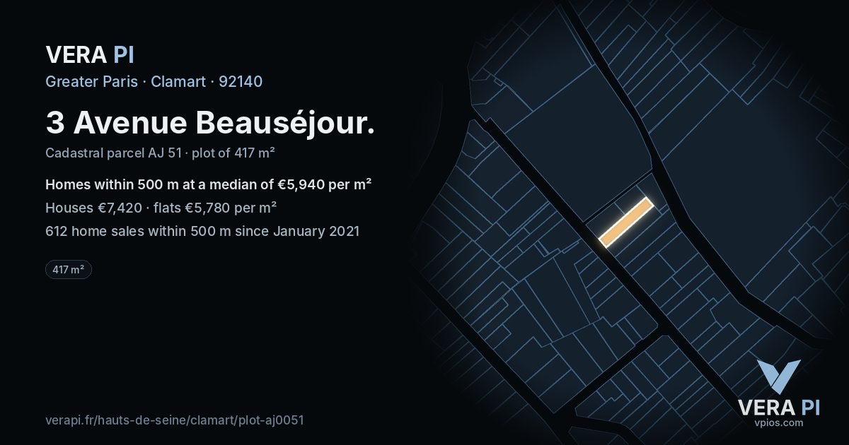 3 Avenue Beauséjour, Clamart at night – the plot lit, the parcels around coloured by the prices near them
