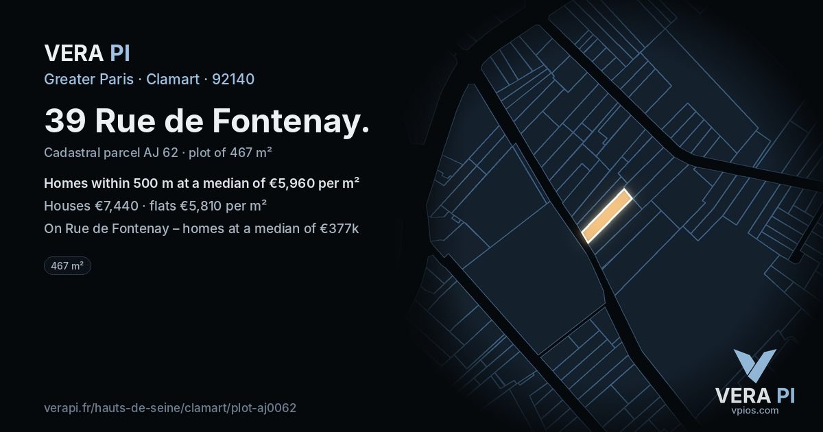 39 Rue de Fontenay, Clamart at night – the plot lit, the parcels around coloured by the prices near them