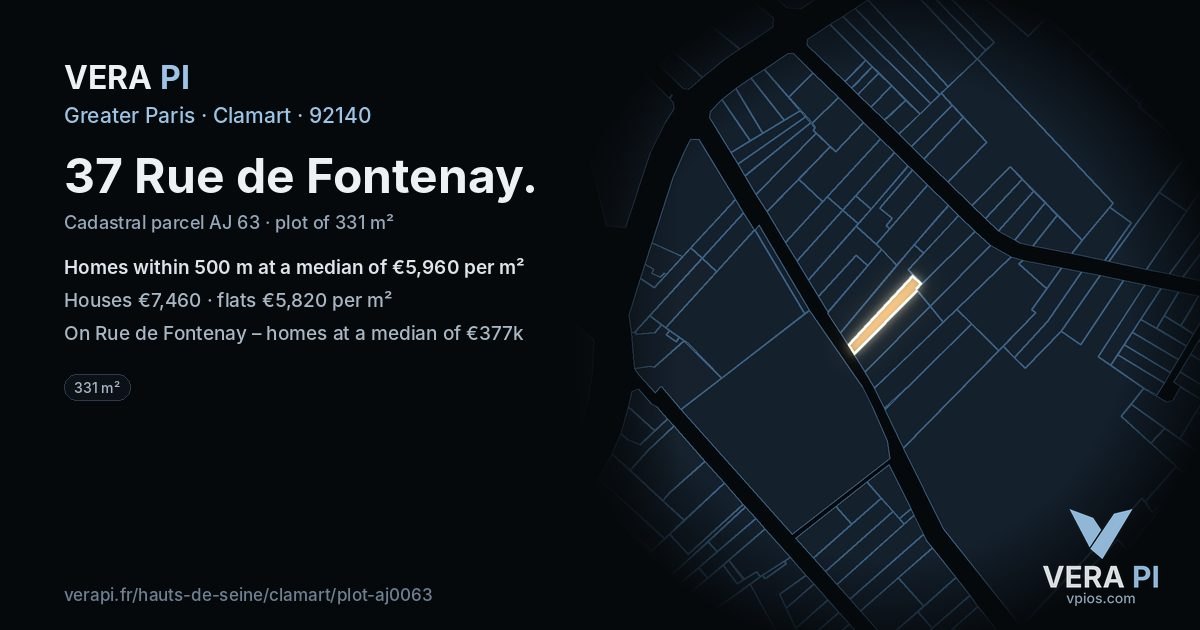 37 Rue de Fontenay, Clamart at night – the plot lit, the parcels around coloured by the prices near them