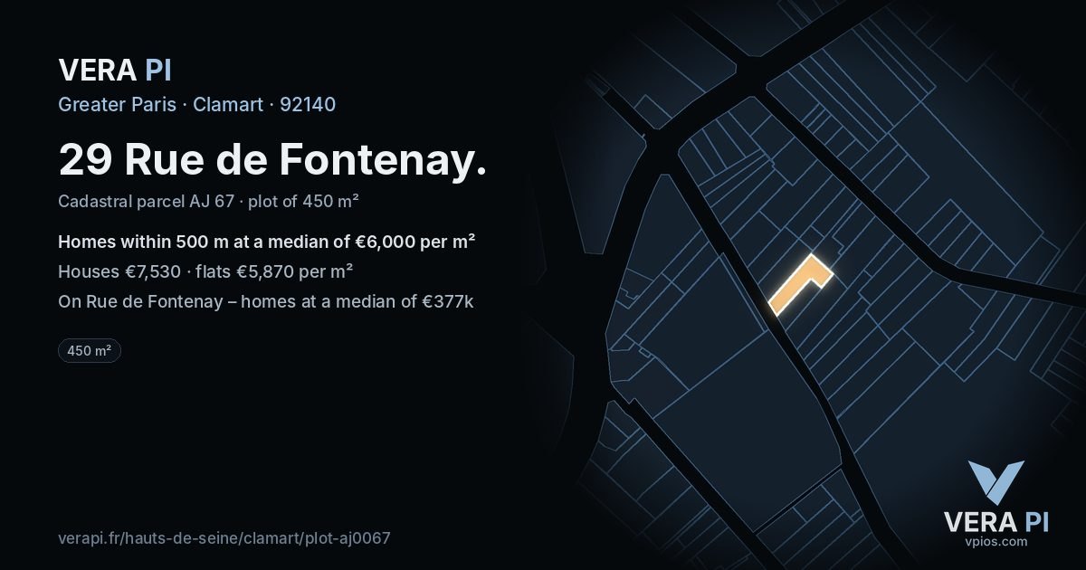 29 Rue de Fontenay, Clamart at night – the plot lit, the parcels around coloured by the prices near them