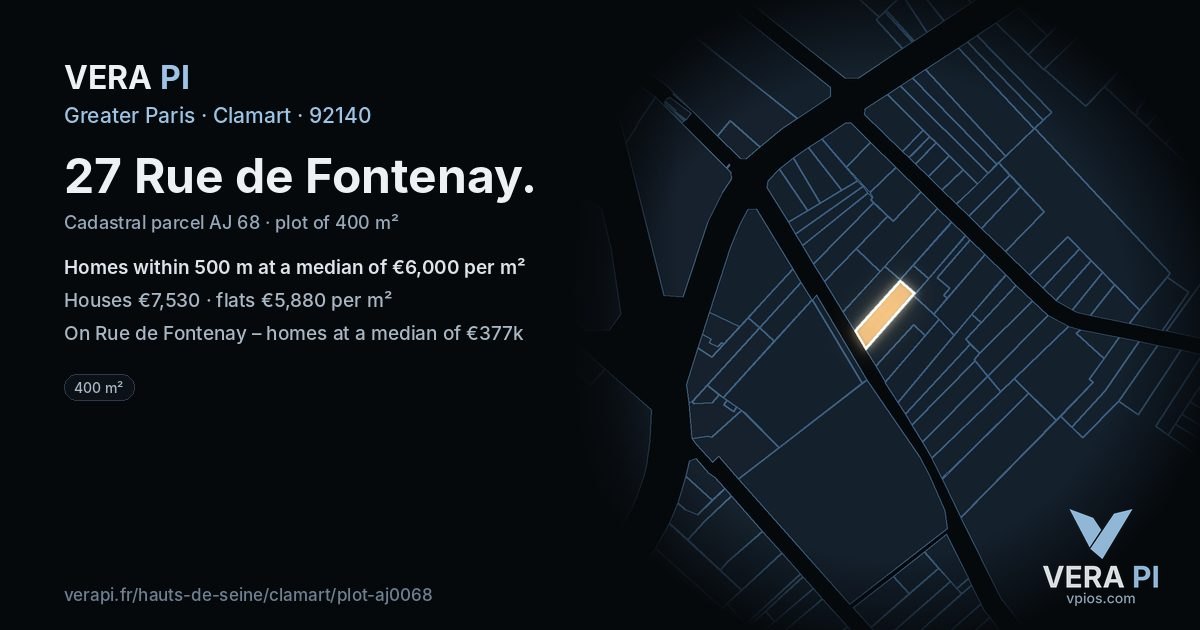 27 Rue de Fontenay, Clamart at night – the plot lit, the parcels around coloured by the prices near them