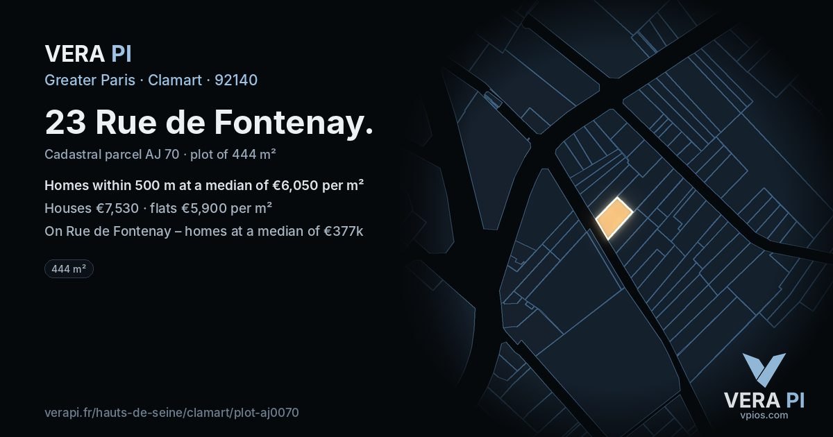 23 Rue de Fontenay, Clamart at night – the plot lit, the parcels around coloured by the prices near them