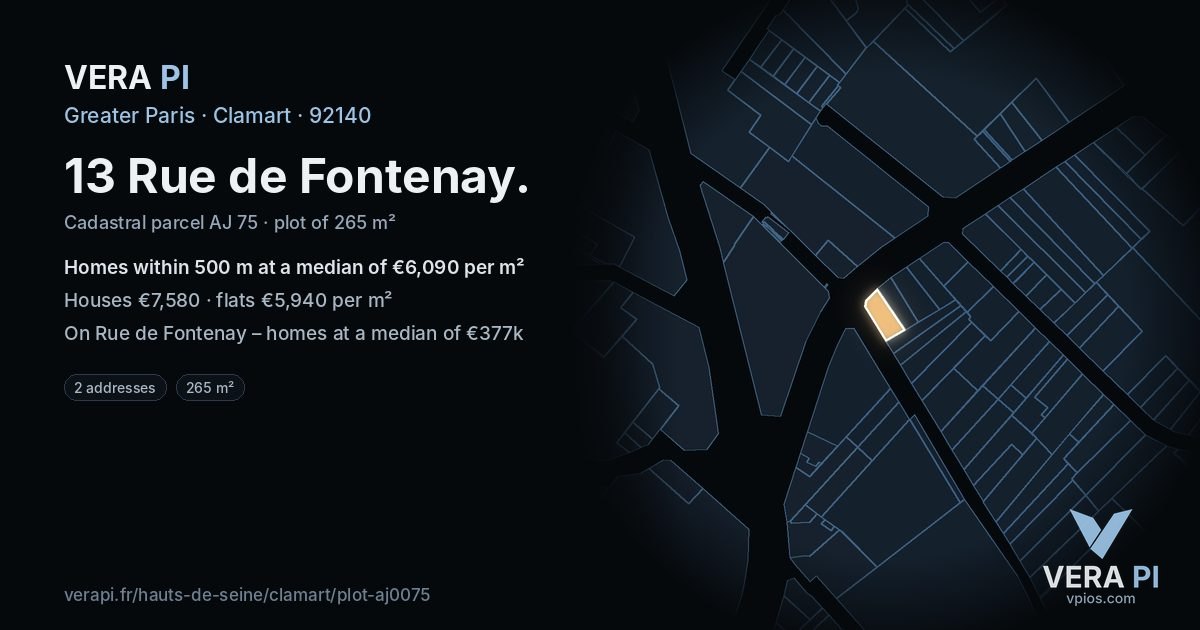 13 Rue de Fontenay, Clamart at night – the plot lit, the parcels around coloured by the prices near them