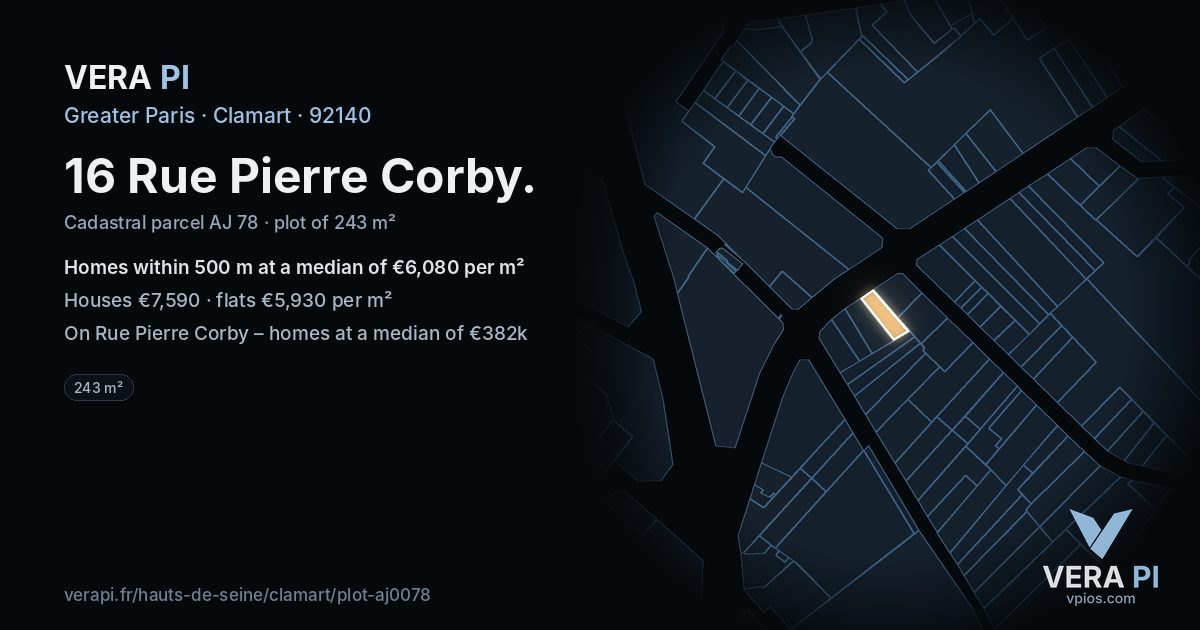 16 Rue Pierre Corby, Clamart at night – the plot lit, the parcels around coloured by the prices near them