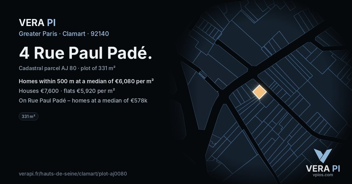 4 Rue Paul Padé, Clamart at night – the plot lit, the parcels around coloured by the prices near them