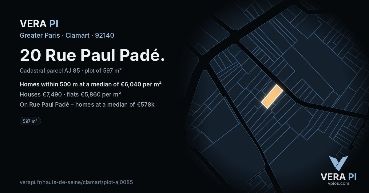 20 Rue Paul Padé, Clamart at night – the plot lit, the parcels around coloured by the prices near them
