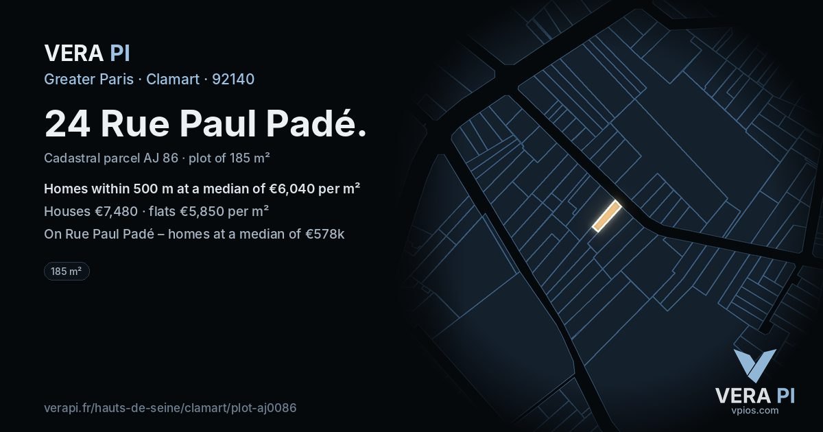 24 Rue Paul Padé, Clamart at night – the plot lit, the parcels around coloured by the prices near them