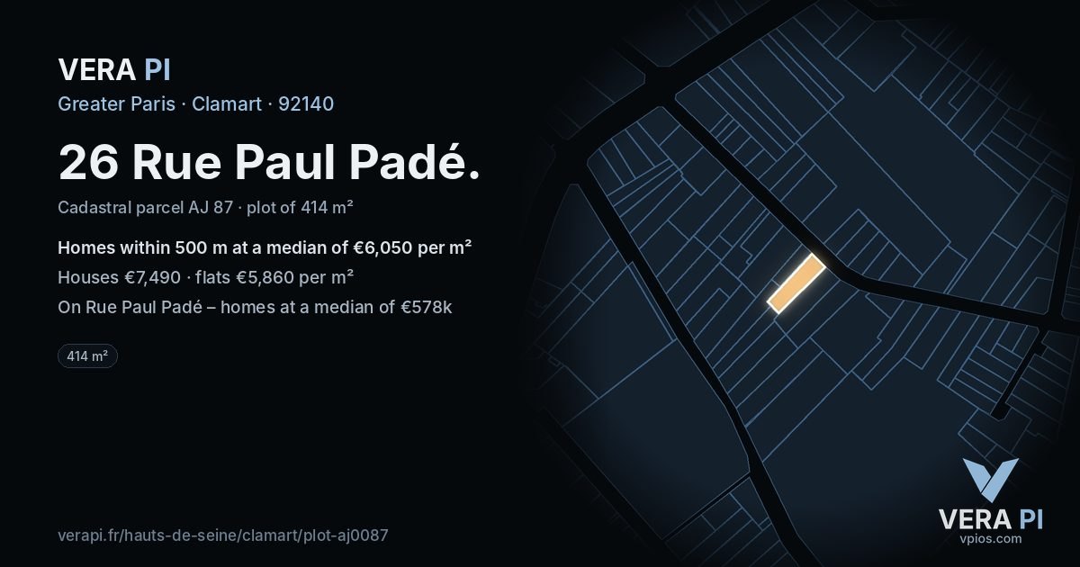 26 Rue Paul Padé, Clamart at night – the plot lit, the parcels around coloured by the prices near them