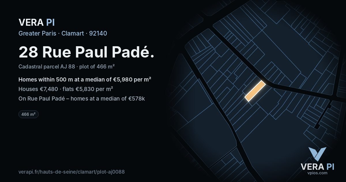 28 Rue Paul Padé, Clamart at night – the plot lit, the parcels around coloured by the prices near them