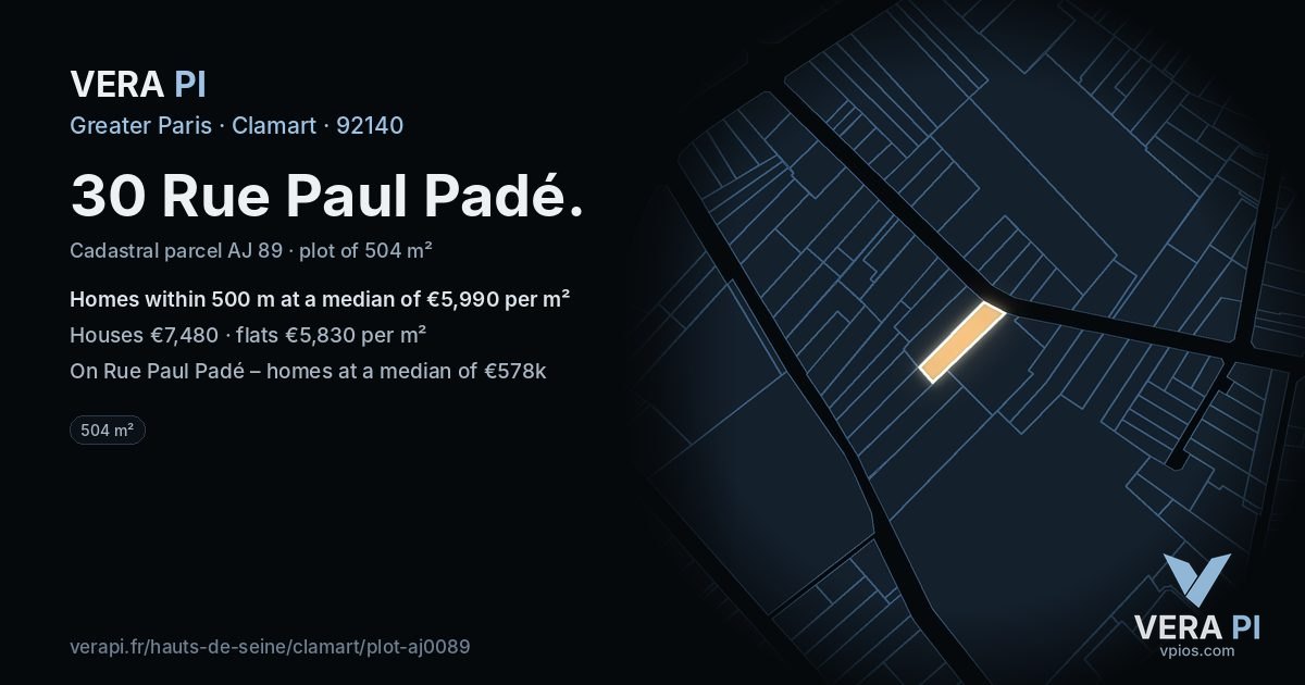 30 Rue Paul Padé, Clamart at night – the plot lit, the parcels around coloured by the prices near them