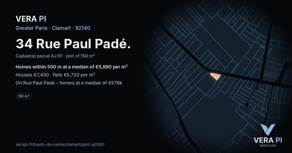 34 Rue Paul Padé, Clamart at night – the plot lit, the parcels around coloured by the prices near them