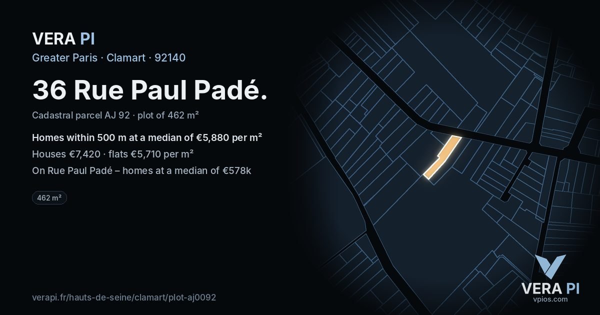 36 Rue Paul Padé, Clamart at night – the plot lit, the parcels around coloured by the prices near them