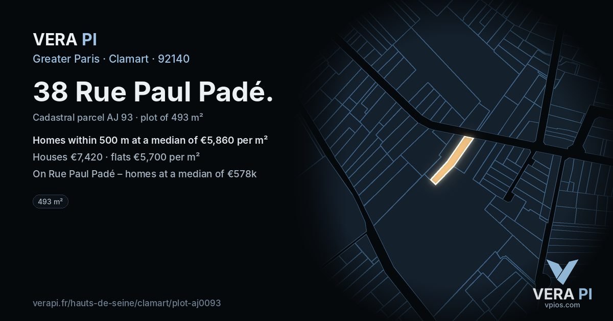 38 Rue Paul Padé, Clamart at night – the plot lit, the parcels around coloured by the prices near them