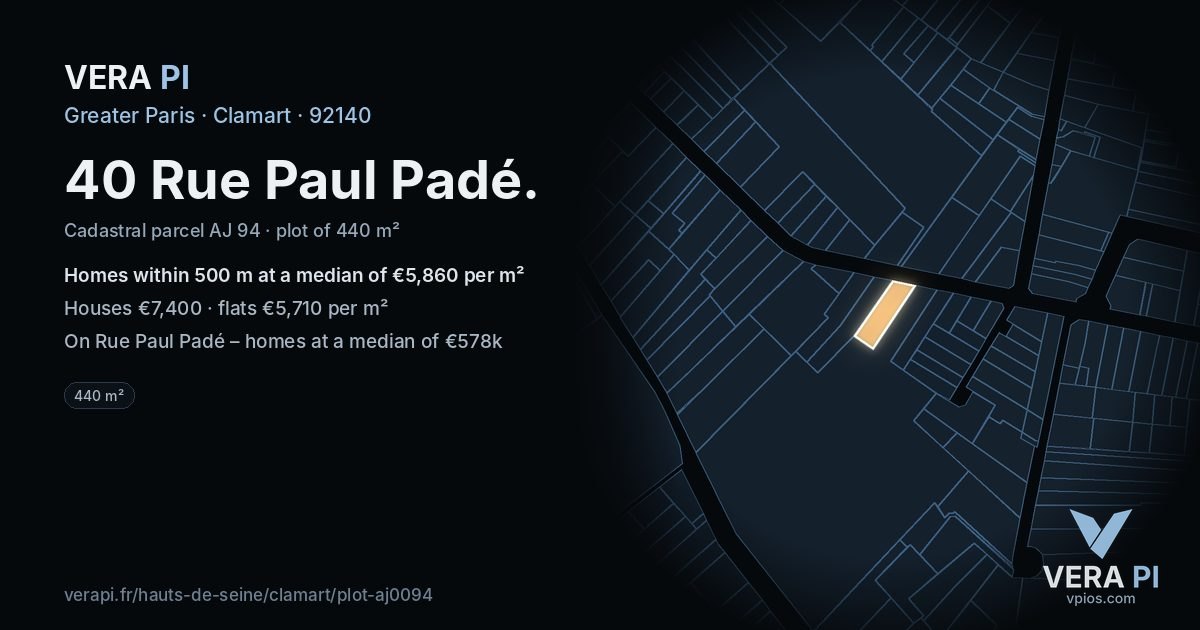 40 Rue Paul Padé, Clamart at night – the plot lit, the parcels around coloured by the prices near them