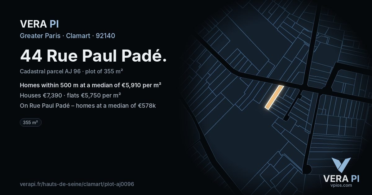 44 Rue Paul Padé, Clamart at night – the plot lit, the parcels around coloured by the prices near them