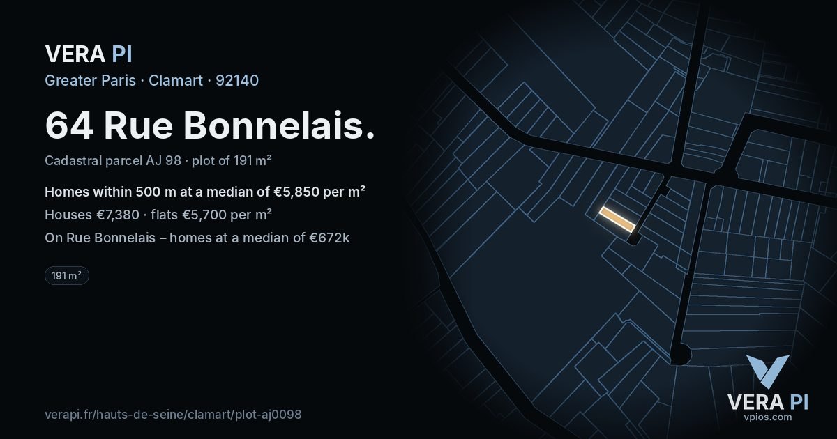 64 Rue Bonnelais, Clamart at night – the plot lit, the parcels around coloured by the prices near them