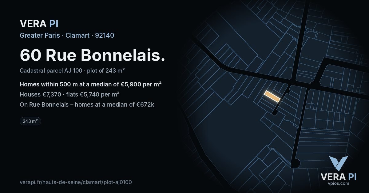 60 Rue Bonnelais, Clamart at night – the plot lit, the parcels around coloured by the prices near them