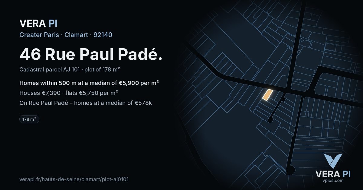 46 Rue Paul Padé, Clamart at night – the plot lit, the parcels around coloured by the prices near them