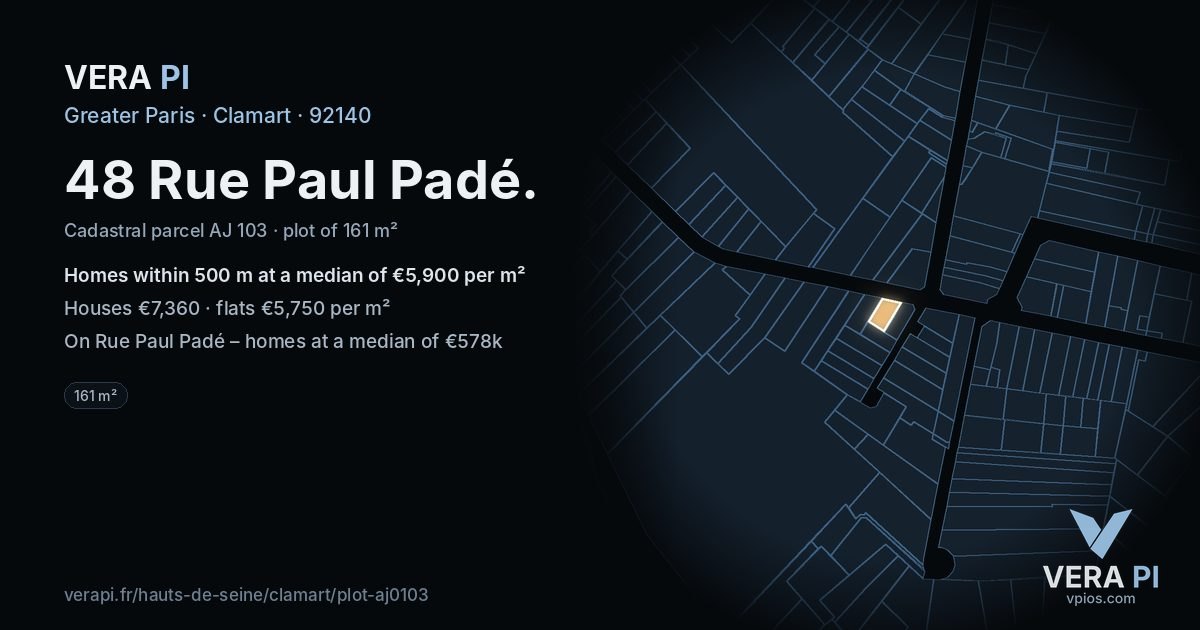 48 Rue Paul Padé, Clamart at night – the plot lit, the parcels around coloured by the prices near them