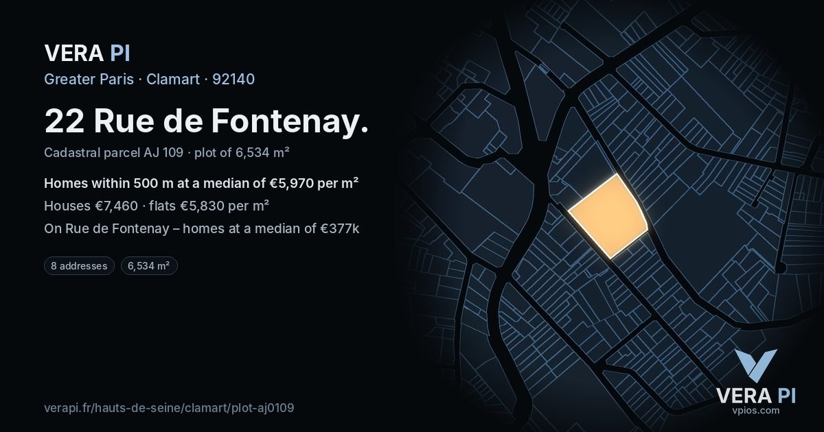 22 Rue de Fontenay, Clamart at night – the plot lit, the parcels around coloured by the prices near them