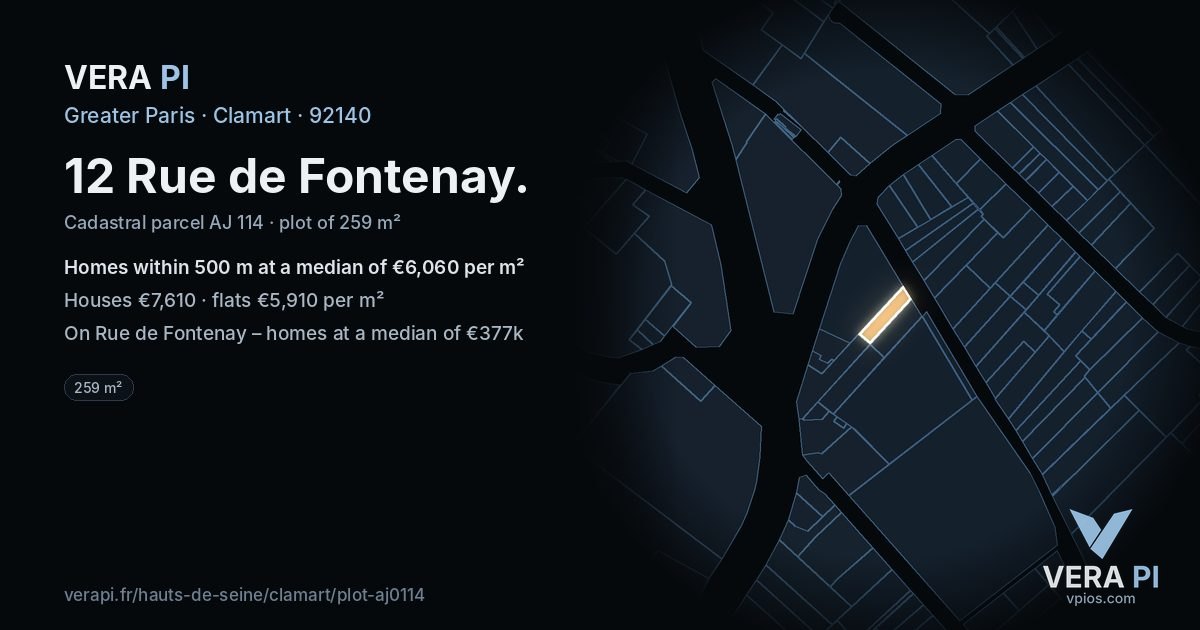 12 Rue de Fontenay, Clamart at night – the plot lit, the parcels around coloured by the prices near them
