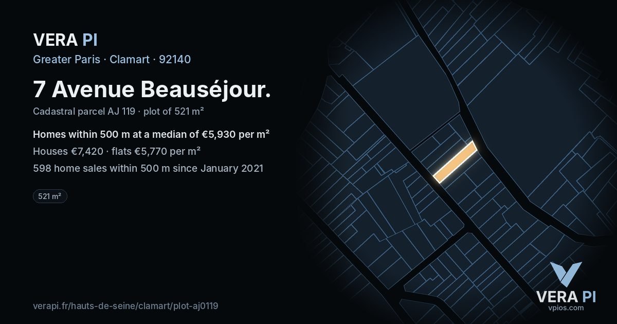 7 Avenue Beauséjour, Clamart at night – the plot lit, the parcels around coloured by the prices near them