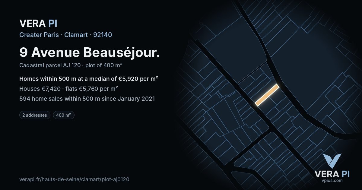 9 Avenue Beauséjour, Clamart at night – the plot lit, the parcels around coloured by the prices near them