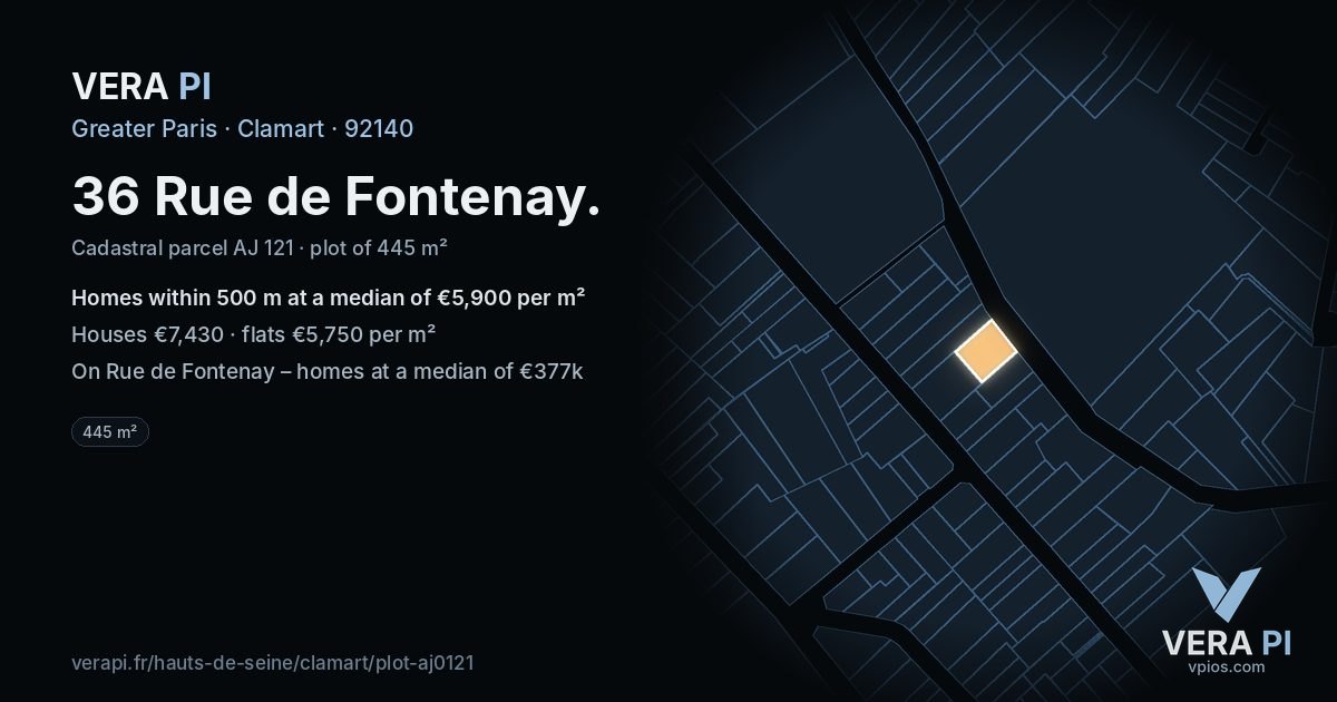 36 Rue de Fontenay, Clamart at night – the plot lit, the parcels around coloured by the prices near them