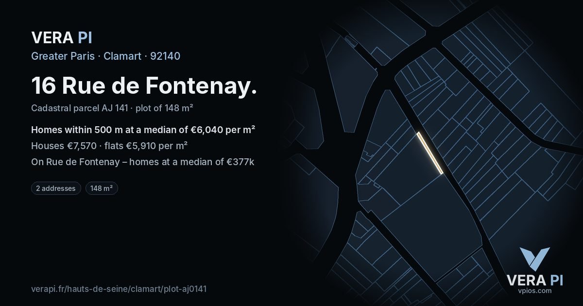 16 Rue de Fontenay, Clamart at night – the plot lit, the parcels around coloured by the prices near them