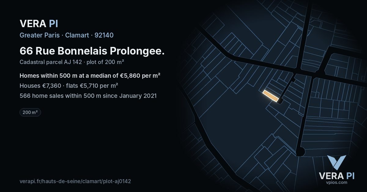 66 Rue Bonnelais Prolongee, Clamart at night – the plot lit, the parcels around coloured by the prices near them