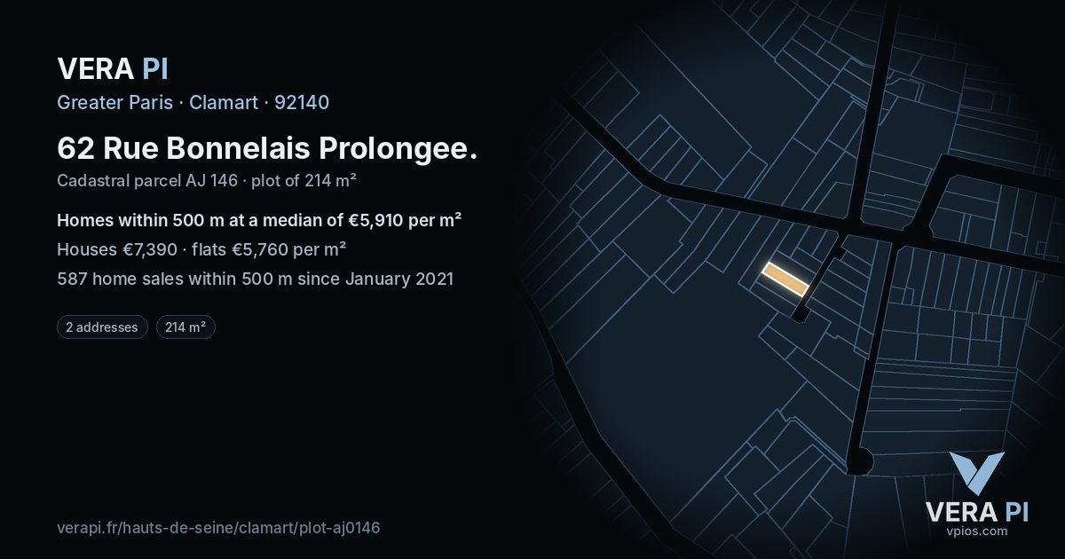 62 Rue Bonnelais Prolongee, Clamart at night – the plot lit, the parcels around coloured by the prices near them