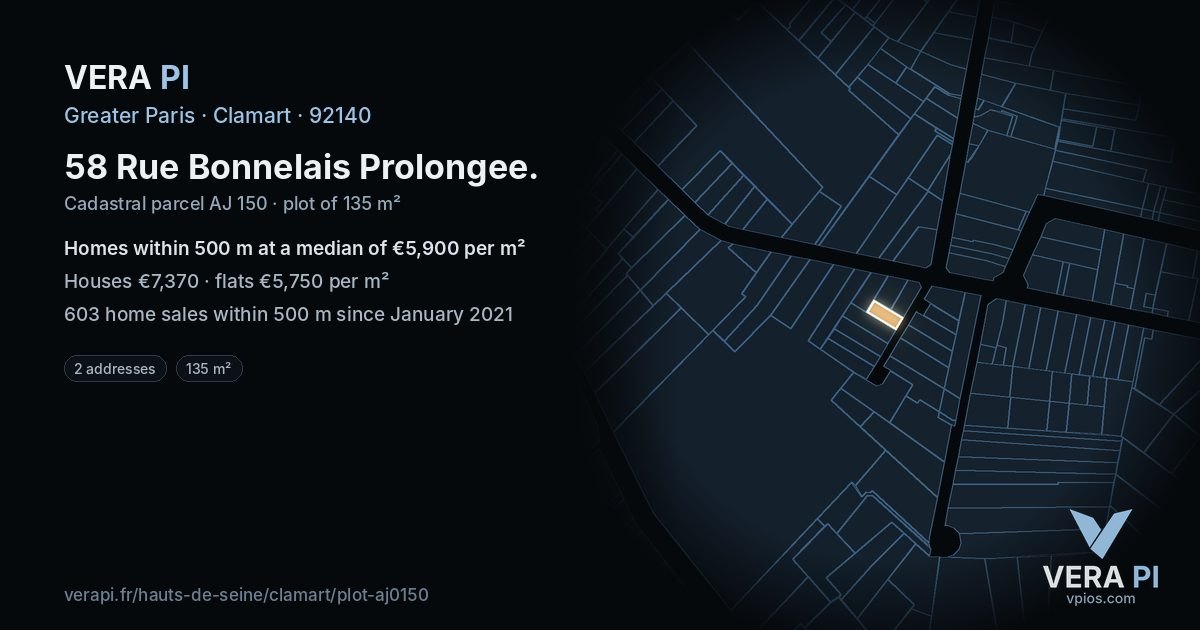 58 Rue Bonnelais Prolongee, Clamart at night – the plot lit, the parcels around coloured by the prices near them
