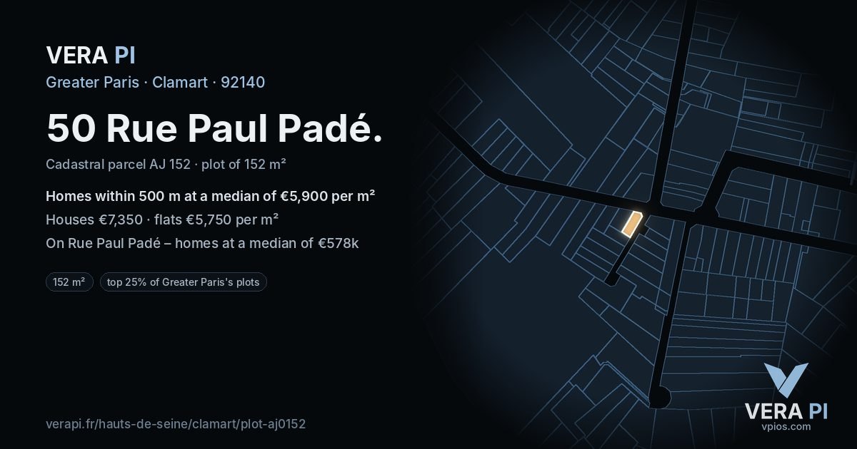 50 Rue Paul Padé, Clamart at night – the plot lit, the parcels around coloured by the prices near them