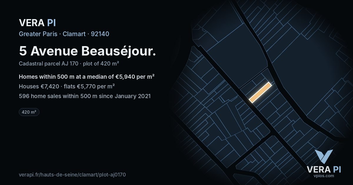 5 Avenue Beauséjour, Clamart at night – the plot lit, the parcels around coloured by the prices near them