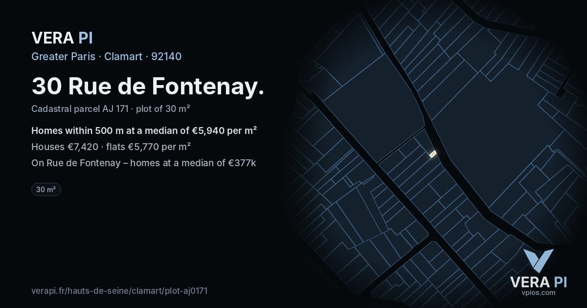 30 Rue de Fontenay, Clamart at night – the plot lit, the parcels around coloured by the prices near them