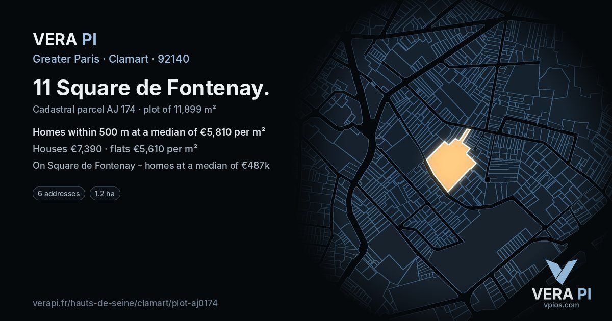 11 Square de Fontenay, Clamart at night – the plot lit, the parcels around coloured by the prices near them