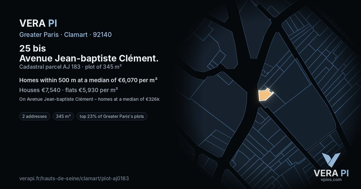 25 bis Avenue Jean-baptiste Clément, Clamart at night – the plot lit, the parcels around coloured by the prices near them