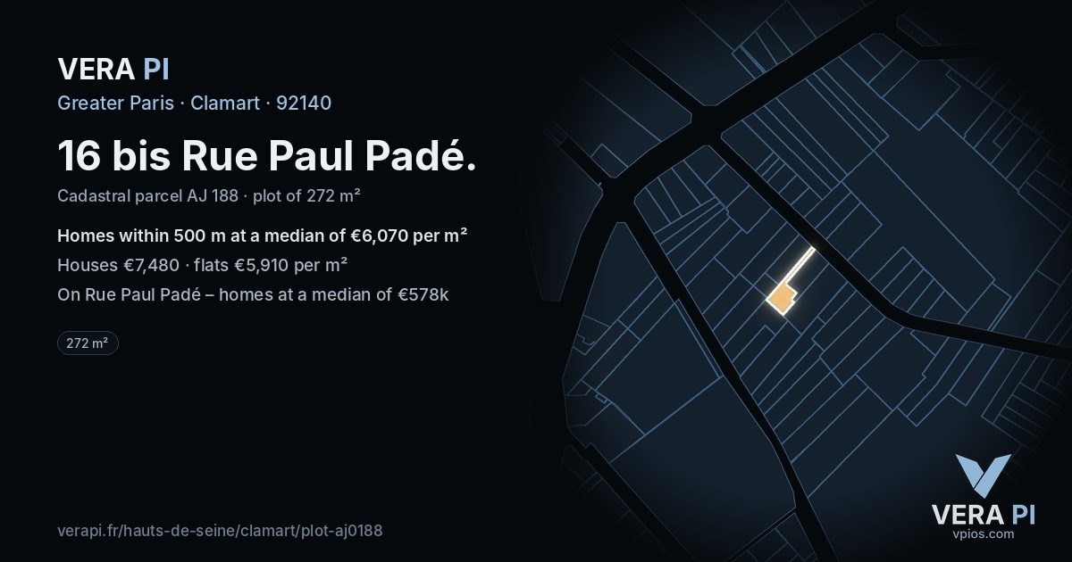 16 bis Rue Paul Padé, Clamart at night – the plot lit, the parcels around coloured by the prices near them