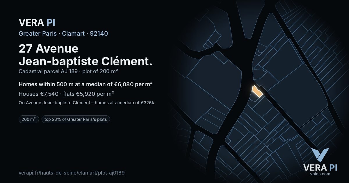 27 Avenue Jean-baptiste Clément, Clamart at night – the plot lit, the parcels around coloured by the prices near them