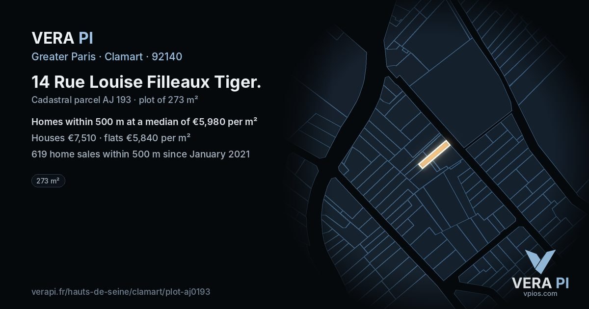 14 Rue Louise Filleaux Tiger, Clamart at night – the plot lit, the parcels around coloured by the prices near them
