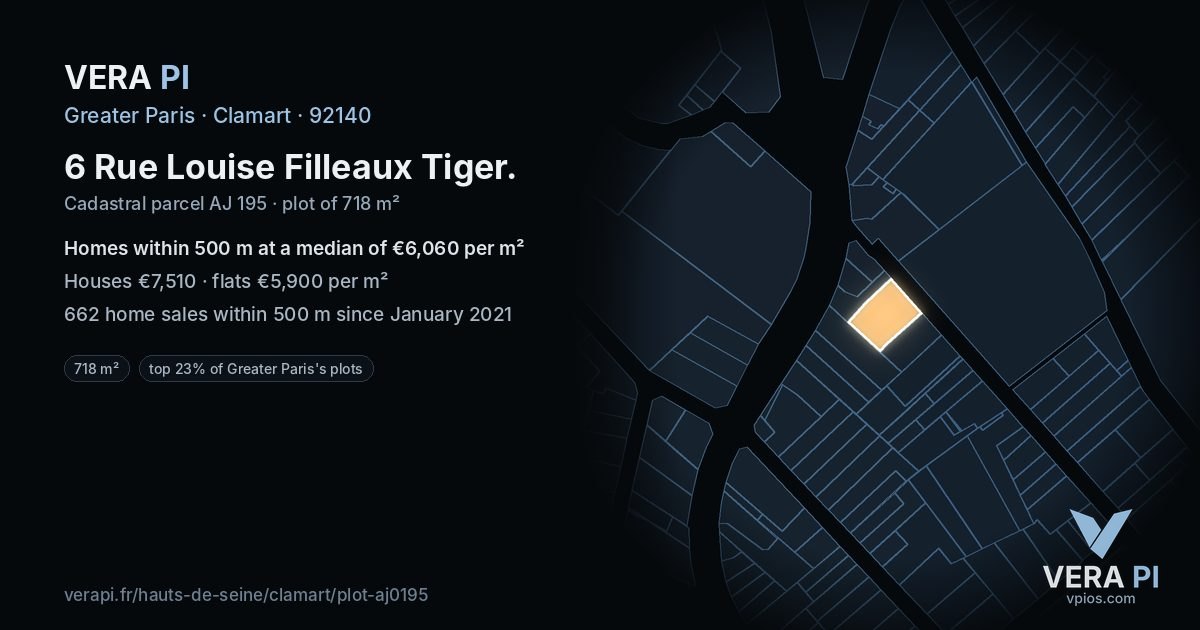 6 Rue Louise Filleaux Tiger, Clamart at night – the plot lit, the parcels around coloured by the prices near them